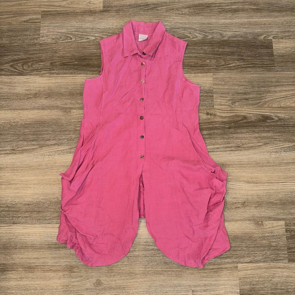 CLICK Linen Button Front Tunic Top Pink Sleeveless Tie Back Size M